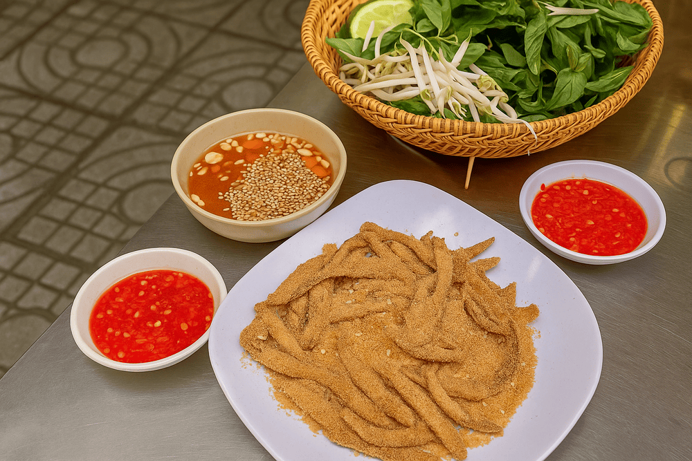 Dry fish salad wrapped in soft rice paper, blending fresh fish, herbs, and crisp bean sprouts, dipped in rich fish sauce (Source: Internet)